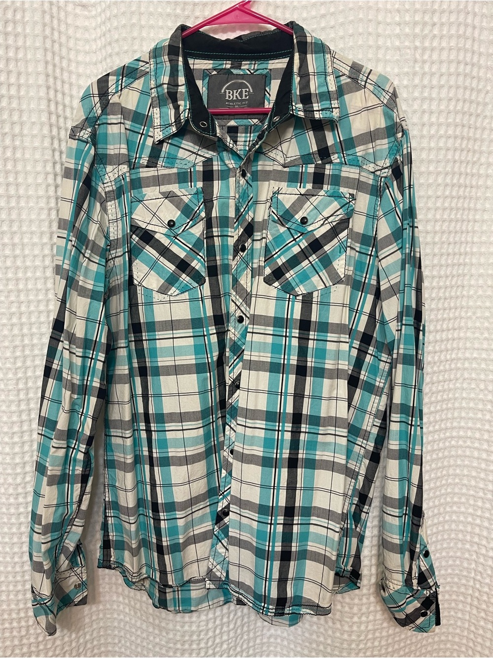 Men’s BKE Teal, White and Black Plaid Button-Down Shirt